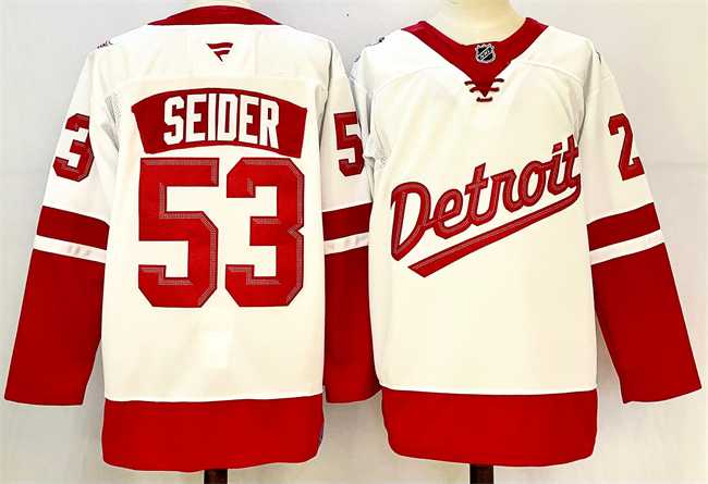 Mens Detroit Red Wings #53 Moritz Seider White Red 2024-25 Stitched Jersey